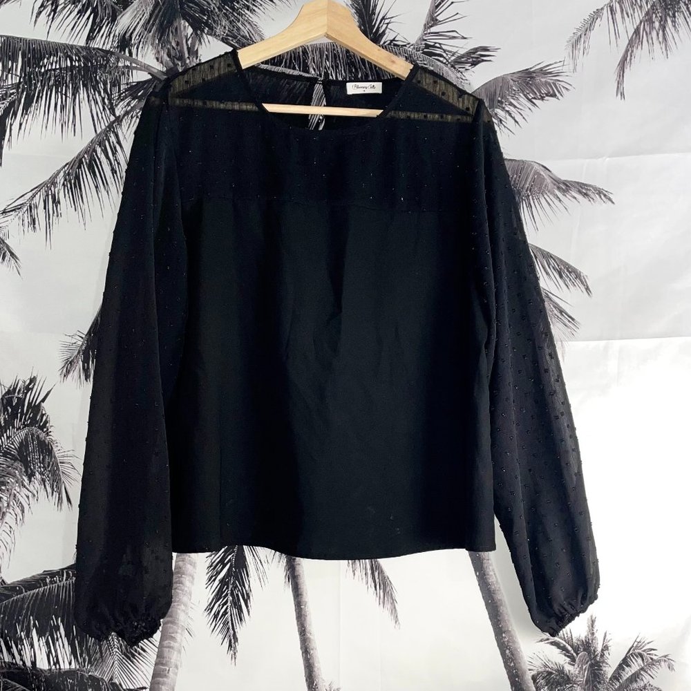 BLOOMING JELLY Mesh Polka Dot Cinched Sleeves Solid Black Womens Blouse Size MED
